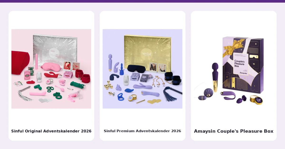 Drei Sexkalender und Boxen aus der Rangliste nebeneinander: Sinful Original Adventskalender 2026, Sinful Premium Adventskalender 2026 und Amaysin Couple's Pleasure Box